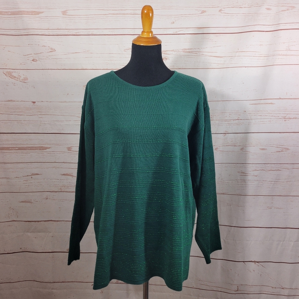 Carolyn Taylor Women's Hunter Green Crewneck Sweater with Metallic Green Stripes